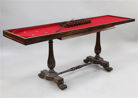 An early 19th century rosewood folding bagatelle table, W.3ft 4in.